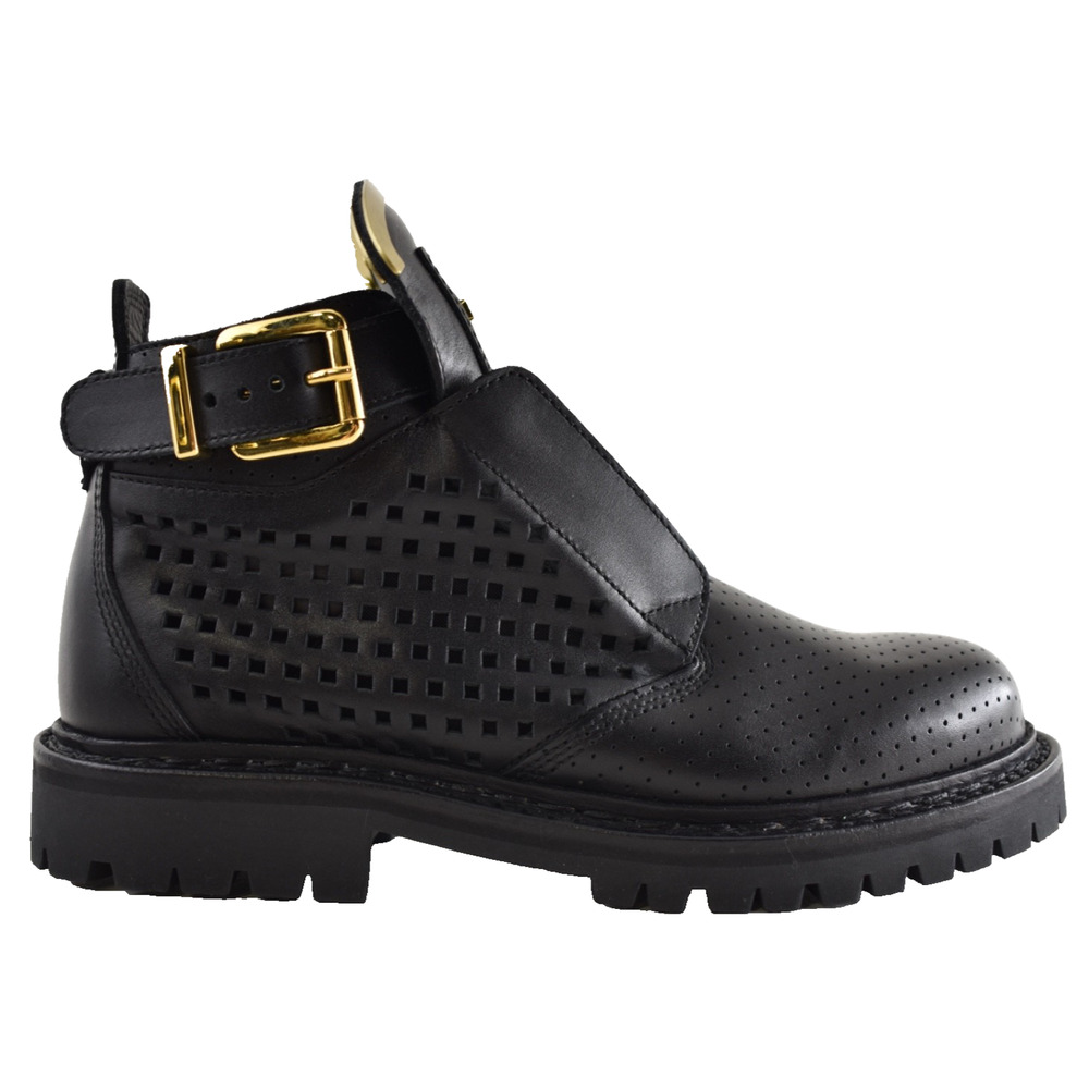 Balmain King Taiga Ranger Black Leather Perforated Gold Biker Moto Short Boot 36